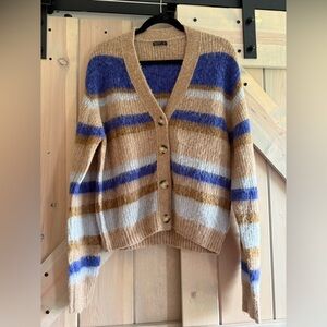 MOTF Wool and Alpaca Blend Blue and Tan Striped Cardigan Sweater